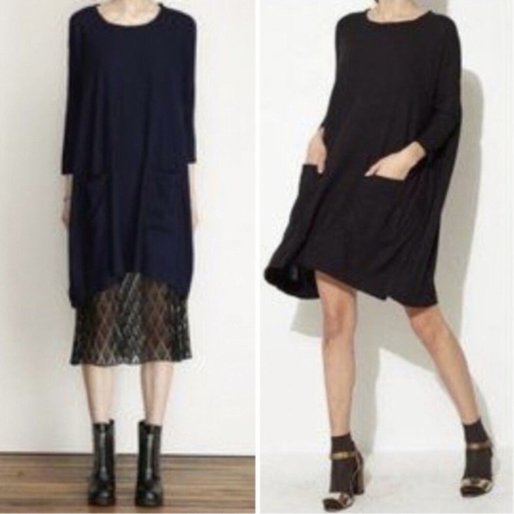 Raquel Allegra Black Raw Edge Crepe Tunic Dress Front Pockets Lagenlook XS - Picture 1 of 7